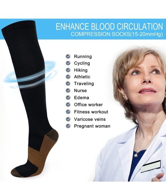 6 Pairs Copper Compression Socks Graduated Support Men's Women's, L/XL