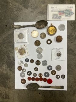 Various tokens, an 1831 half dime and 2 silver plated spoons