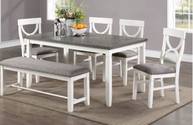 Farmhouse Style 6 Piece Dining Set White and Gray upholstered seats Seats 6 - Table, 4 chairs and bench pick up delivery available