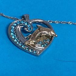 Gold Dolphin On Silver Heart Necklace, Blue Crystals