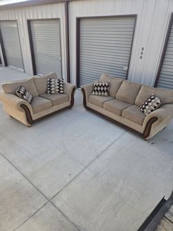 Traditional Tan Sofa and Loveseat Set with Wood Trim