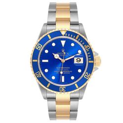 *2005 Men's Rolex 40mm Submariner Oyster Perpetual Two Tone 18K Yellow Gold / Stainless Steel Watch with Blue Dial and Blue Bezel. (UNWORN 16613)