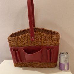 Rectangular Wicker Basket w/ Sturdy Red Handle & Exterior Storage 15” x 8” x 11 3/8”H