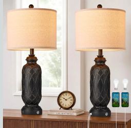 SRJJRS Black Farmhouse Lamps for Living Room Set of 2, 28" Bedroom Lamps Set of 2 with USB Ports