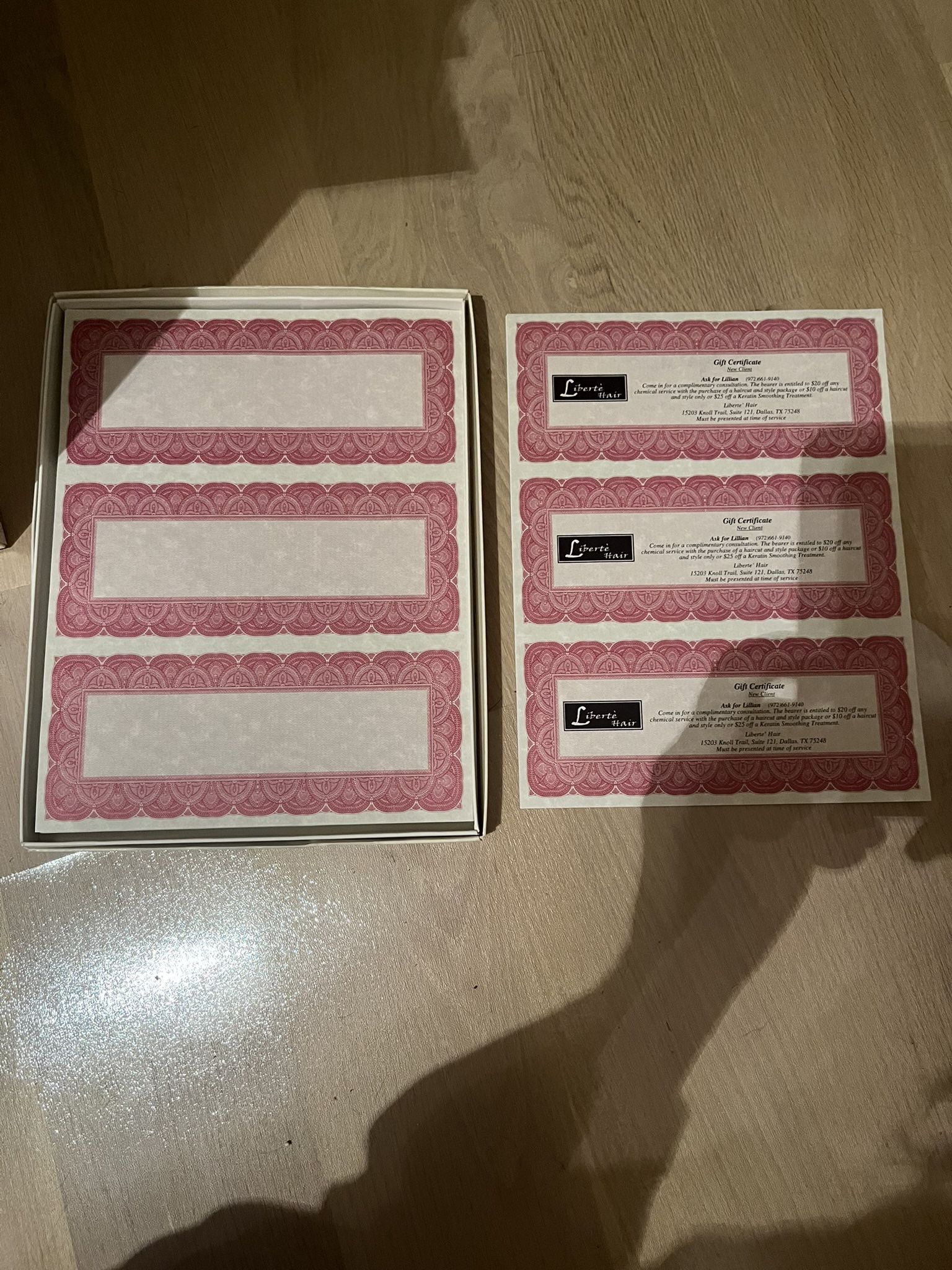 GIFT CERTIFICATE PAPER, NEW 100 count, 3 per page, per box; cross streets are Arapaho & Waterview