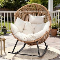 Oversized Outdoor Rocking Chair, Wicker Egg Patio Lounge Chair Basket Seat with Thick Cushion, All W