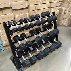 New in Box 5LB-50LB Set of Rubber Hex Dumbbells Pairs Total 550LBS With Rack