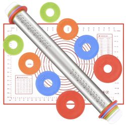 Rolling Pin,Roller for Baking with Silicon Baking Pastry Mat and Adjustable Tickness Rings, Non-Stick Mat with Measurements,Stainless Steel Rolling Pi
