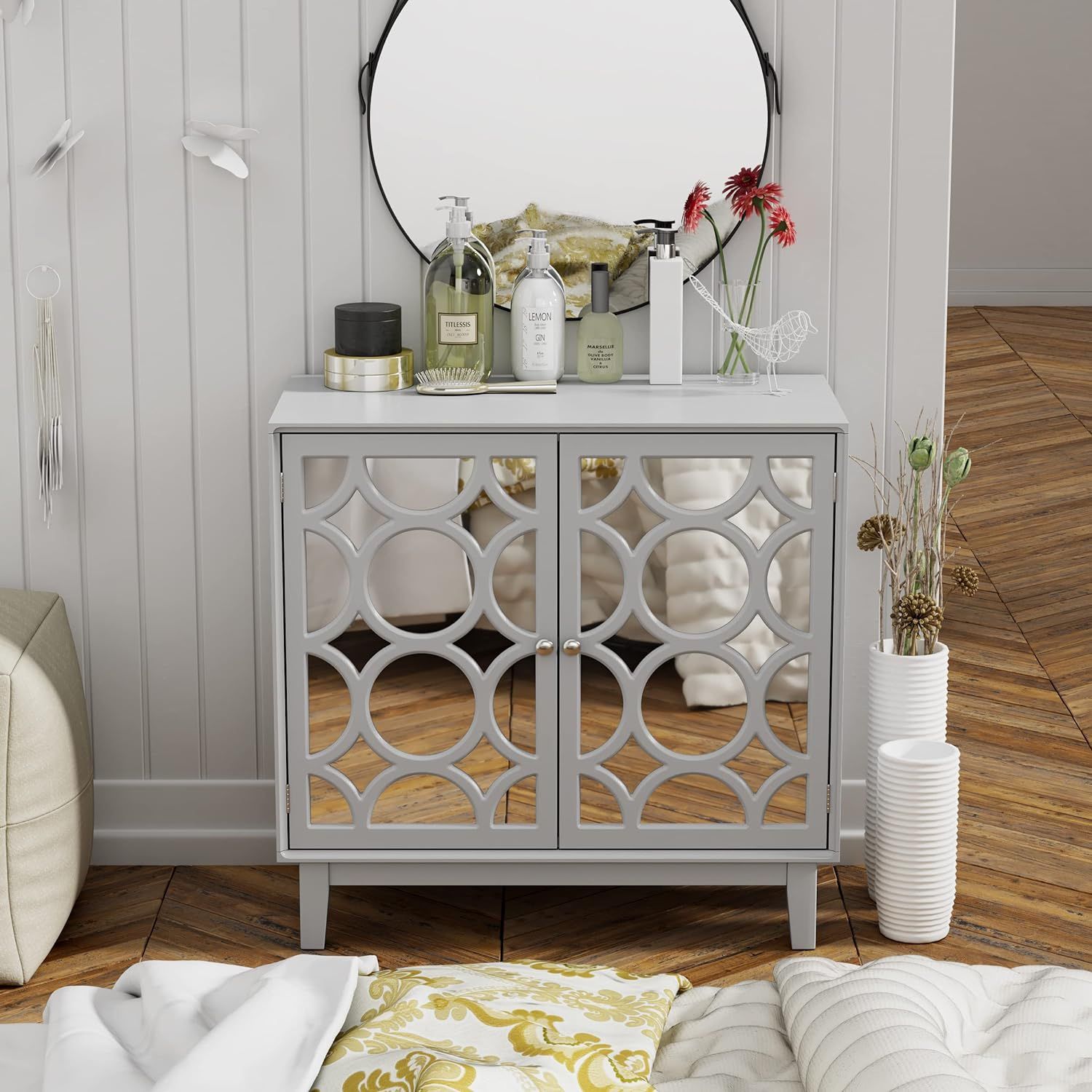 Modern Contemporary 2 Door Mirrored Chest Furniture for Bedroom Living Room Entryway, Light Gray