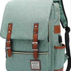 Vintage Laptop Backpack with USB Charging Port, Water Resistant Travelling Backpacks College Bag for Men Women, Fits up to 15.6Inch Laptop in Green
