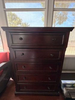 Dark Cherry Wood 5-Drawer Tall Dresser