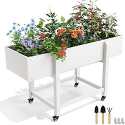 Raised Garden Bed with Wheels, 48 * 16.7 * 28 in, Poly Elevated Outdoor Planter Box with Tools, Weather Resistant, Standing Growing Bed Herb Planter f