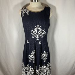 NY and Company Fit and Flare Navy Jacquard andFlower Print Dress. M