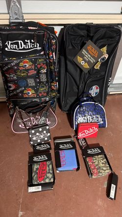 Von Dutch Bags and Wallets Collection. 2 carry on luggage, two purses, 5 wallets all new with tags.