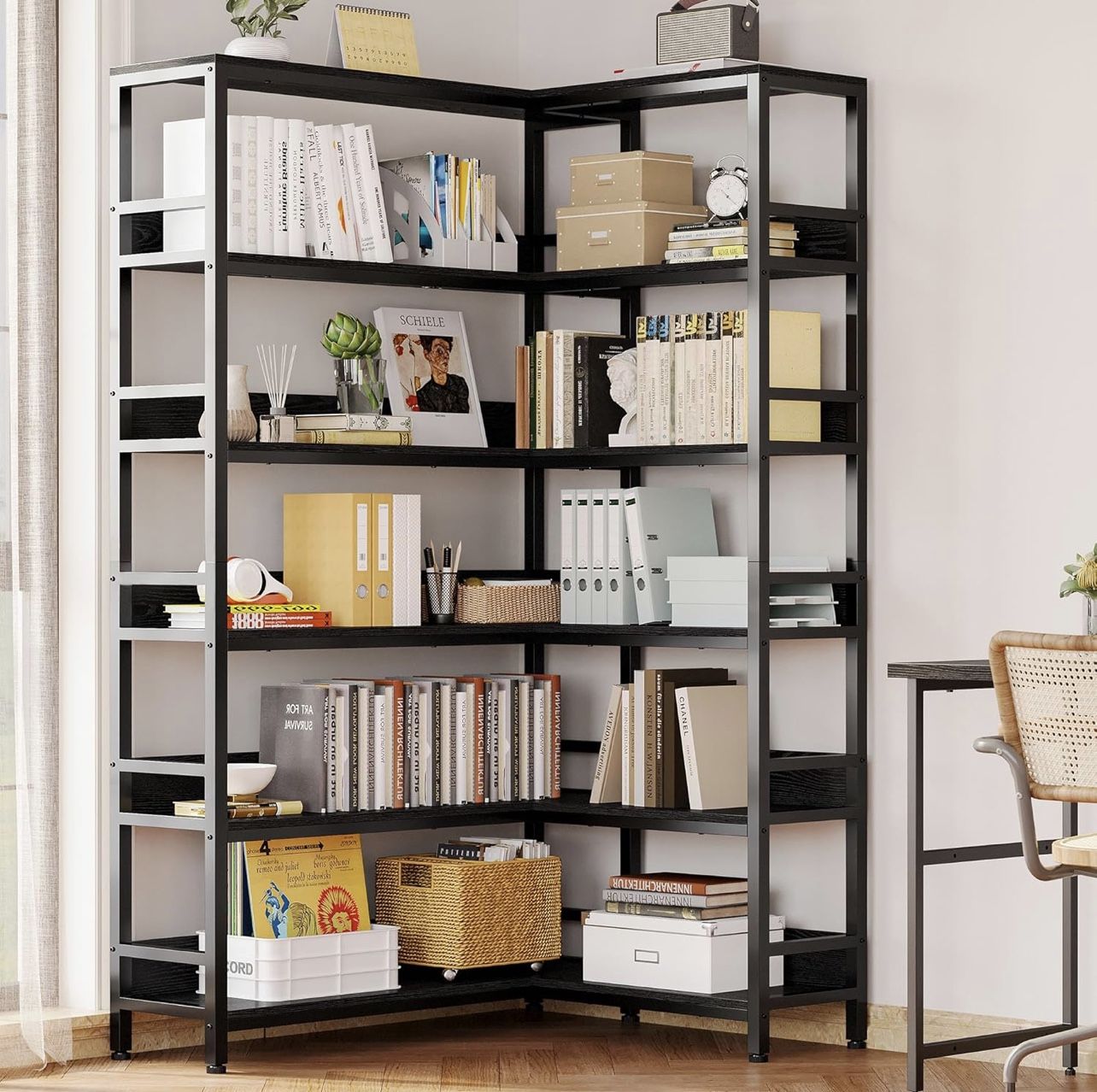 Industrial Bookshelves 6 Tiers Corner Bookcases with Baffles Etagere Shelf Storage Rack with Metal Frame for Living Room Home Office
