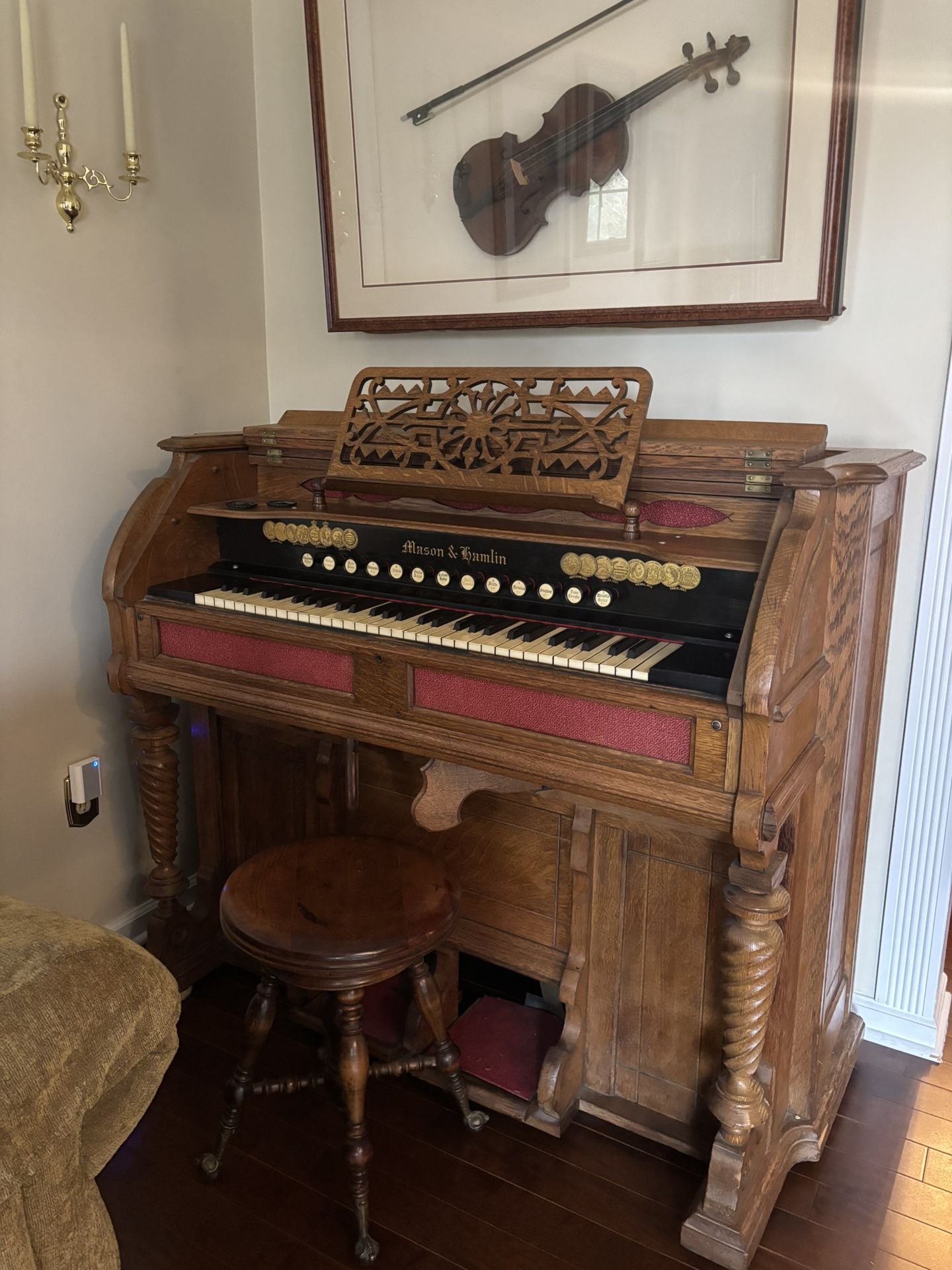 Mason & Hamlin Co., William G. Fischer Philadelphia line, antique foot-blown organ and stool