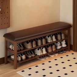 Wooden Shoe Storage Bench with Leather Cushion, Dark Brown, 39.4"