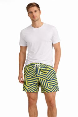 VOLVE Men’s Swim Trunks Medium Yellow Blue Geometric Pattern Beach Shorts 