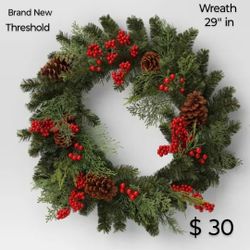Brand New Threshold 29" In Wreath Lol Ng Needle With Pinecone And Berries