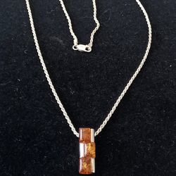 Rare Vtg.Sterling Silver 925- Honey Amber Pendant Necklace-18 In.