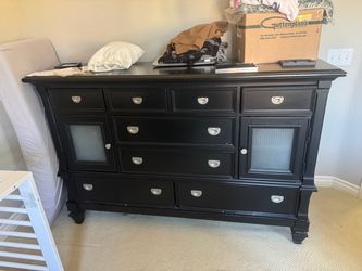 Black Wood Dresser with Drawers and Cabinet Doors w/ 2 night stands