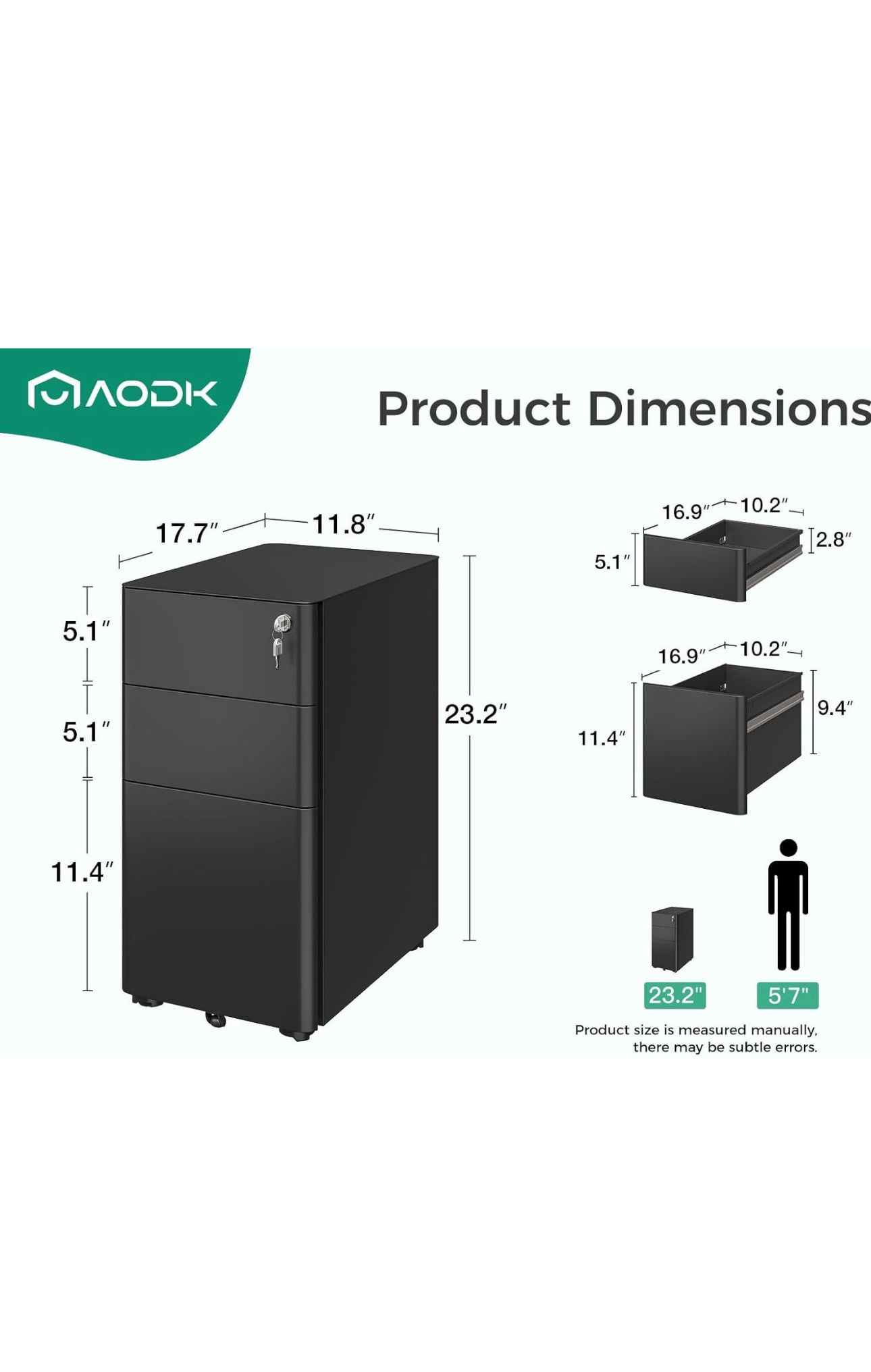 AODK Small Black 3 Drawer File Cabinet for Home Office