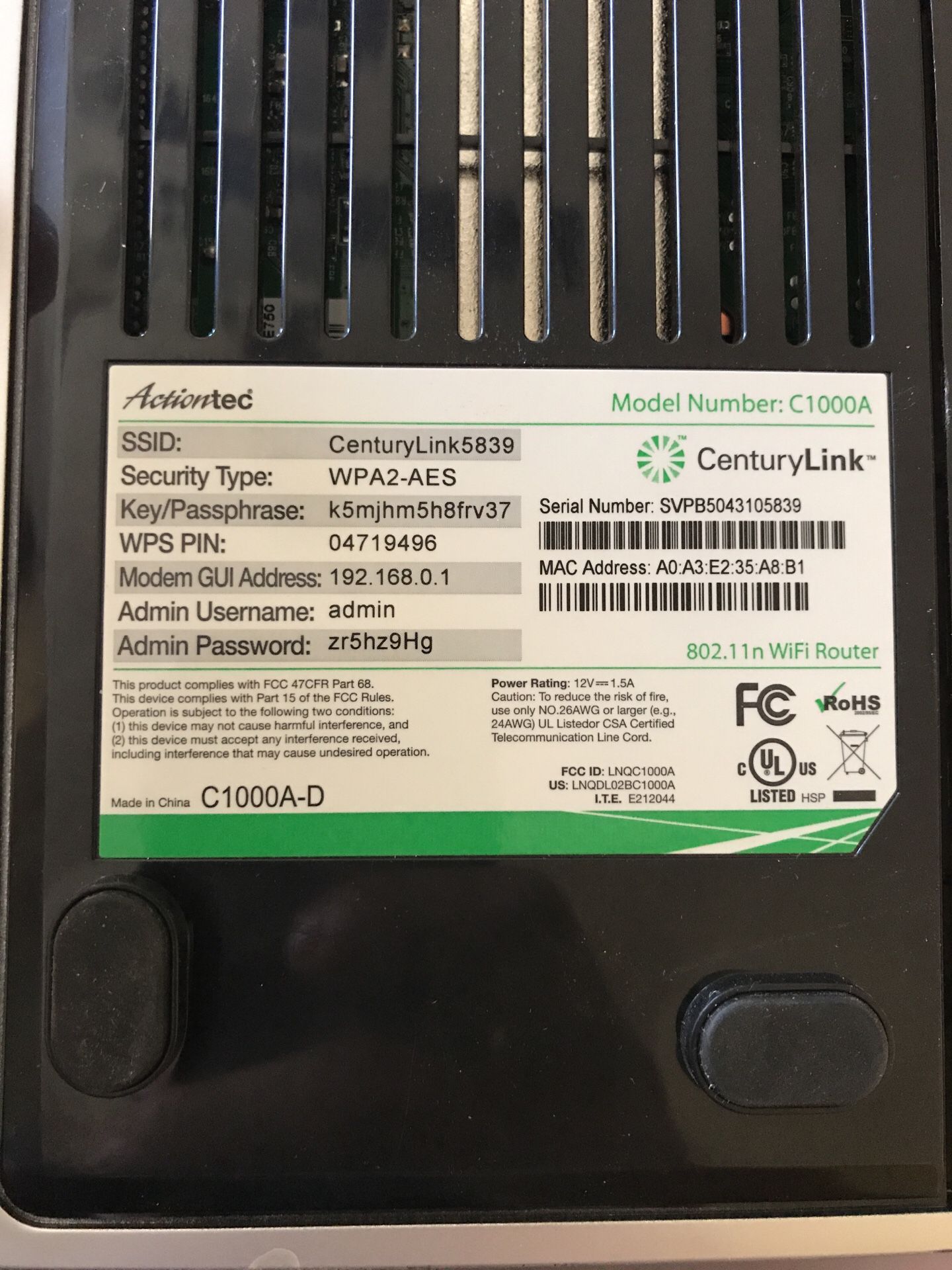 CenturyLink modem and WiFi router model C1000A