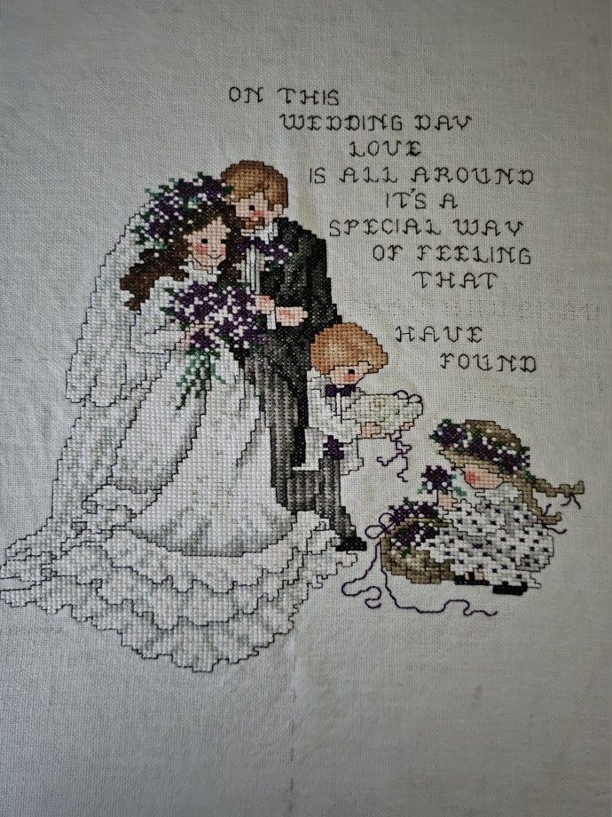 COMPLETED WEDDING CROSS STITCH!! JUST ADD NAMES!!