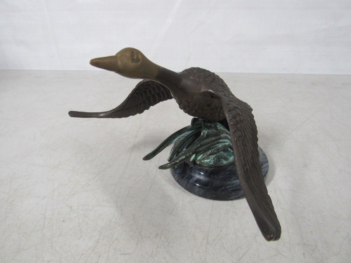 Flying Wild Canadian Goose Statue Solid Brass On Marble Base