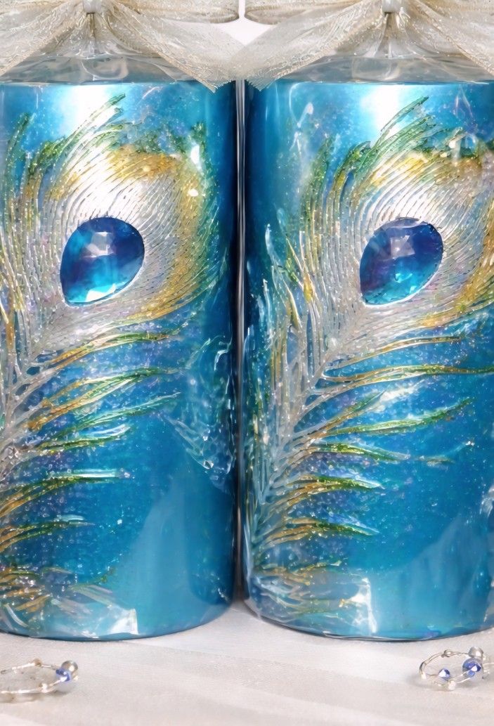 Peacock Feather 3w x 6t" Unscented Pillar Candle