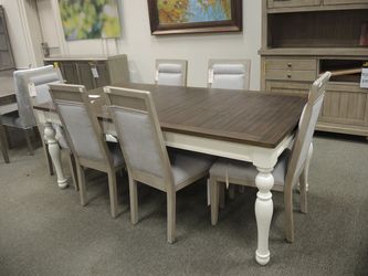 Extension Dining Table with 6 Upholstered Chairs - Two-Tone Antique White Base With Dark Brown Plank Top | Dinette Set