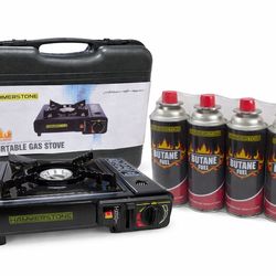 Portable Camping Stove + 4 Butane Gas Cans Bundle (Ready to Use)