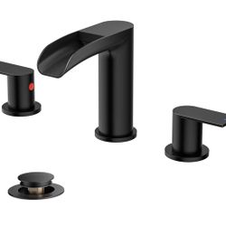 FORIOUS Bathroom Sink Faucet, Black Waterfall Bathroom Faucet Widespread 8 Inch 3 Hole with Pop-Up Drain and Water Supply, All-Metal Construction and 