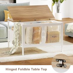 Flip Top Coffee Table, Square Coffee Table Metal Wood, Farmhouse Lift Up Cocktail Table, White
