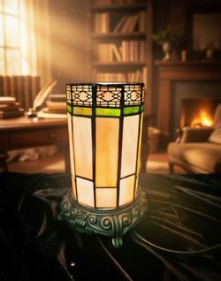 Tiffany Style Stained Glass Cylinder Boudoir Lamp Green Geometric Pattern 8"