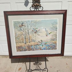 Large Framed Flying Mallard Ducks In Woods Hand Colored Etching Signed Victor Hohne