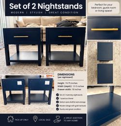 Set of 2 Modern Navy Nightstands w/ Gold Handles – Great Condition