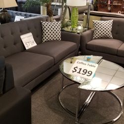 Brand New Ash Black Linen Midcentury Sofa + Loveseat 2PCs Set