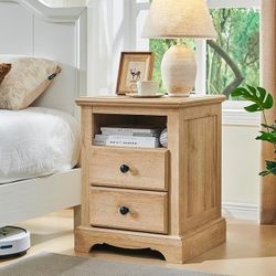 Nightstand with Charging Station, 18 Inch Vintage End Table with 2 Drawers, 