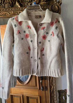 Wool Floral Embroidered Knit Cardigan Sweater