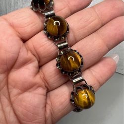 Vtg sterling silver tiger’s eye cabochon bracelet natural stone scalloped bezel