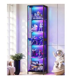 72" Tall Display Case with LED Lights, Display Cabinet for Small Space 5-Tier RGB Display Shelf with Glass Shelves & Industrial Mesh, Corner Curio Cab