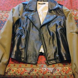 Motor Cycle Men’s Black Leather Jacket with Green Fabric Sleeves Size S