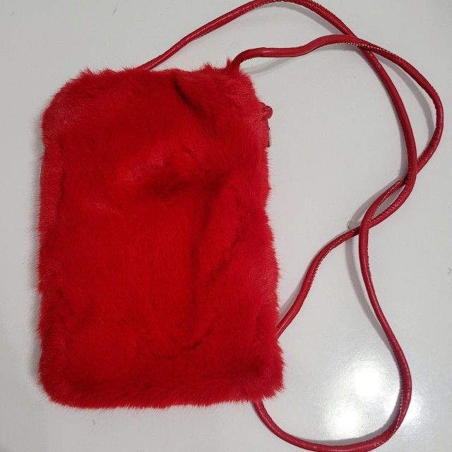 Red faux fur winter plush girl's women's cell phone case crossbody bag purse handbag Gift