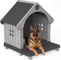 Outdoor Dog House, Resin Material Large Dog House, Elevated Base with Extended Floor, Open-Front Durable Doghouse, Easy to Assemble Pet Shelter for In