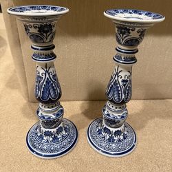 Pair of Beautiful Tall Blue and White Chinoiserie Candle Stick Holders