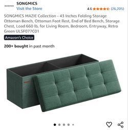 43 Inches Folding Storage Ottoman Bench, Ottoman Foot Rest, End of Bed Bench, Storage Chest, Load 660 lb, for Living Room, Bedroom, Entryway, Retro Gr