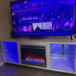 White Electric Fireplace TV Stand w/ LED Lights & Remote