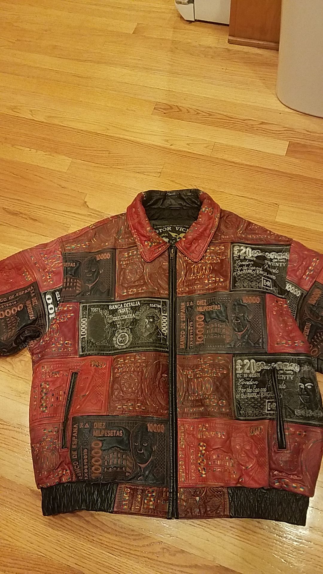 Leather jacket with hood.