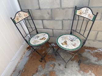 Pair of Vintage Wrought Iron Mosaic Folding Bistro Chairs - $40